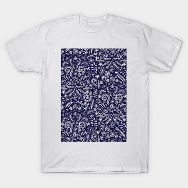 Chalkboard Floral Doodle Pattern in Navy & Cream T-Shirt by micklyn